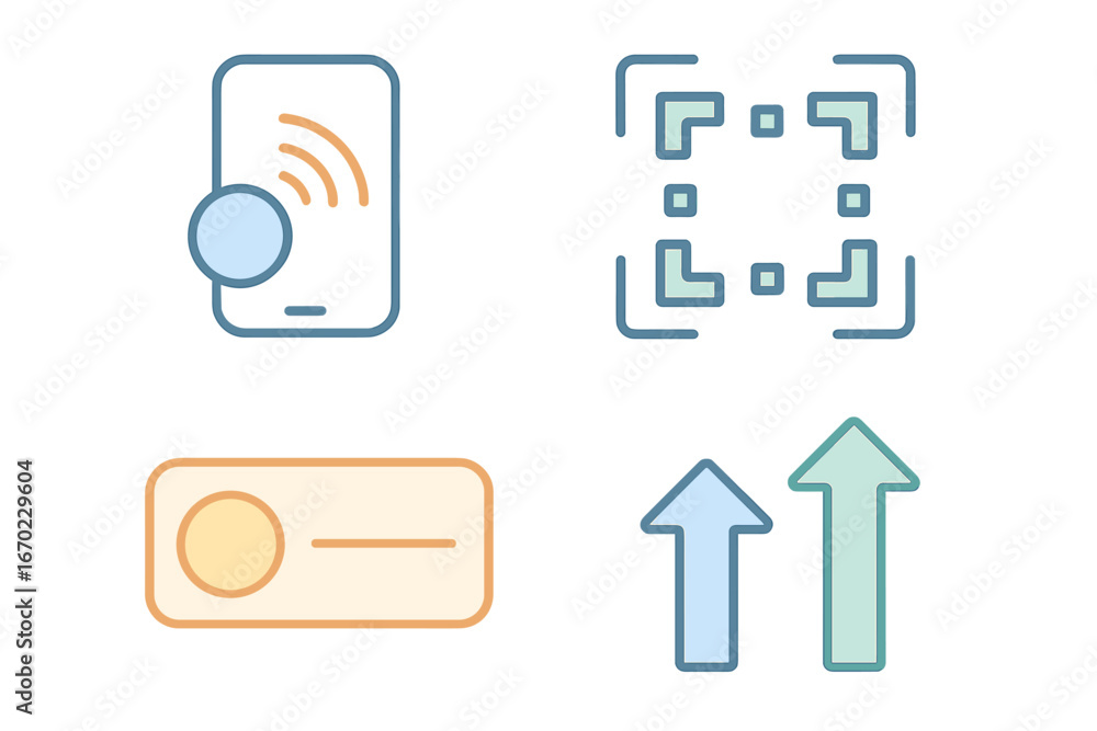 Poster vector outline icon set featuring mobile technology, scanning, buttons, and directional arrows desig