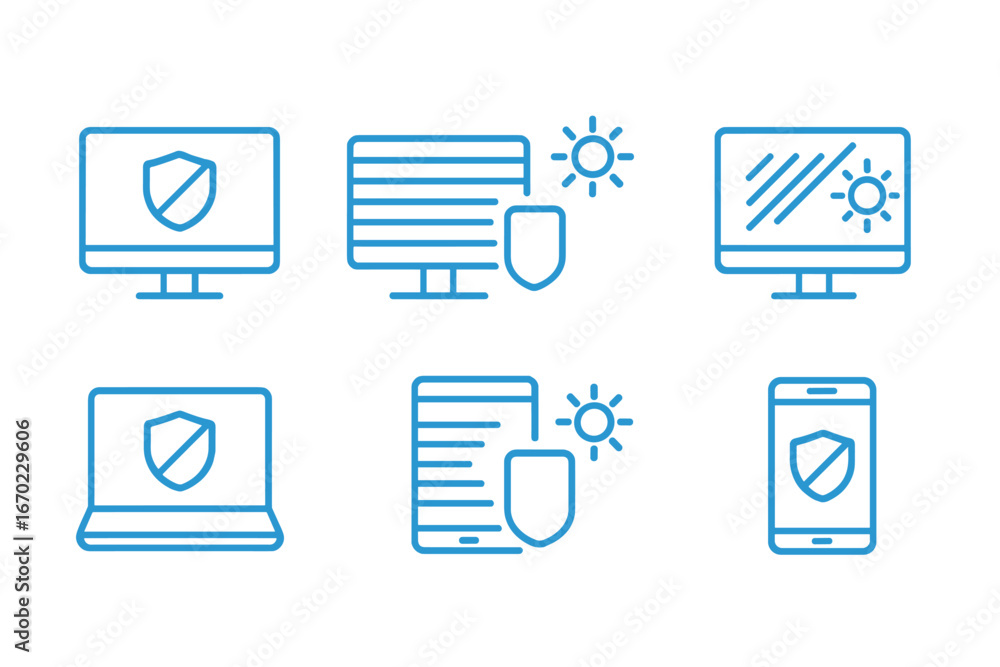 Poster vector outline icon set featuring security symbols for devices and screens designed for digital safe