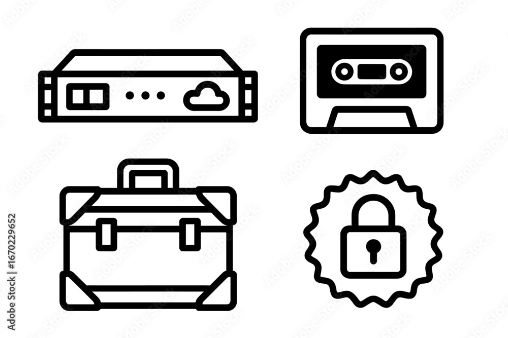 Poster vector outline icon set featuring a network device, cassette tape, toolbox, and security lock design