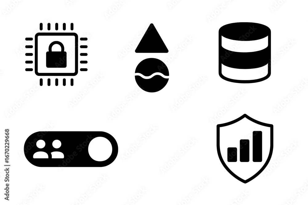 Poster vector outline icon set featuring technology and data security symbols for digital applications