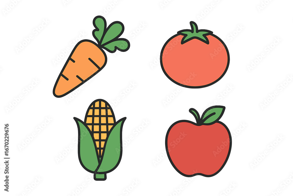 Poster vector outline icon set featuring fruits and vegetables in a colorful and minimalistic design suitab
