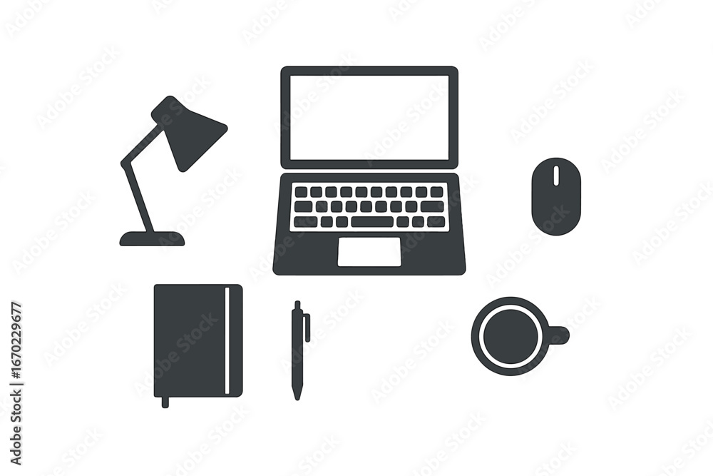 Poster vector outline icon set featuring desk items for creative workspace design and productivity enhancem
