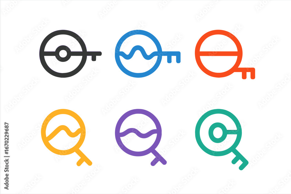 Poster outline icon set featuring vector designs of keys and locks in varying colors and styles for digital