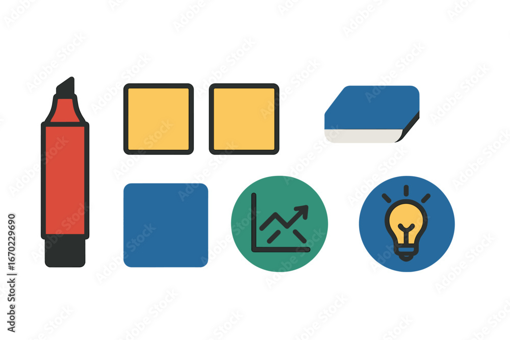 Poster vector outline icon set featuring markers, erasers, and graphics designed for educational and profes