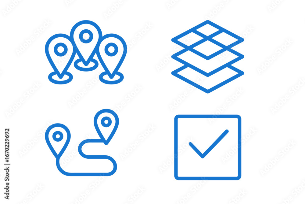 Poster vector outline icon set featuring location markers, layers, path indicators, and checkmark symbols f