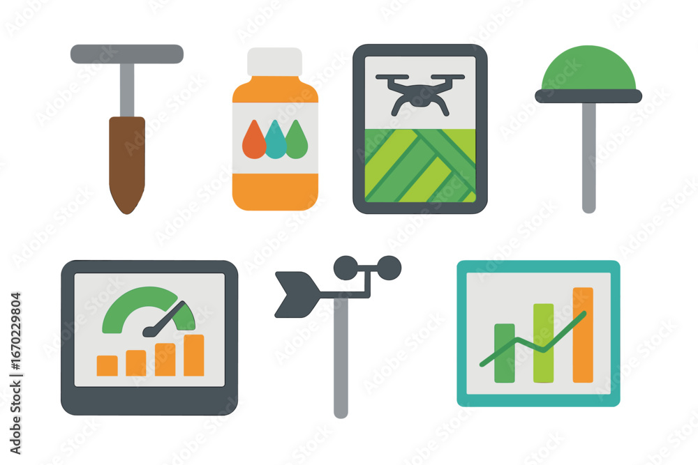 Aufkleber vector outline icon set featuring tools, technology, and data analytics for agriculture and environm