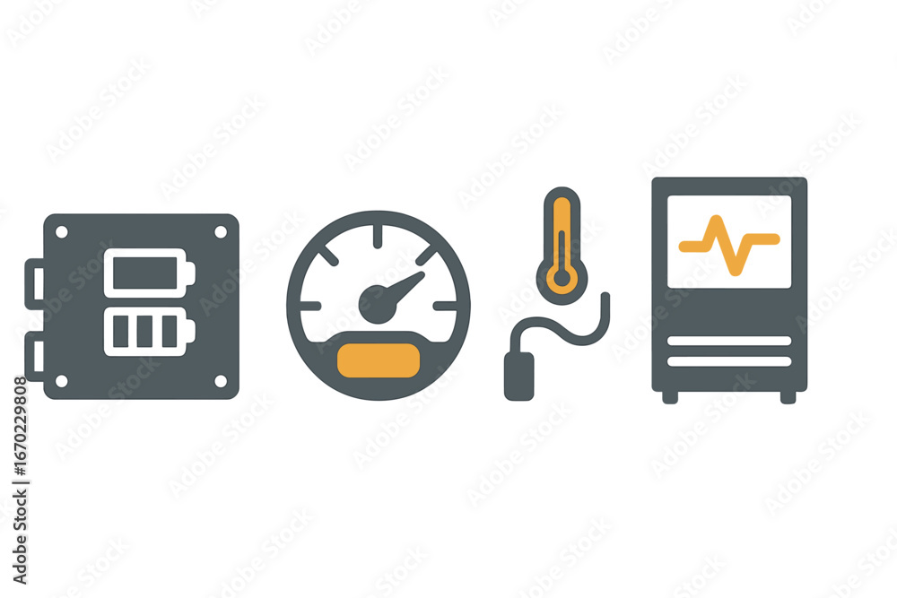 Poster vector outline icon set showcasing electrical components, gauges, and monitoring devices for clear v