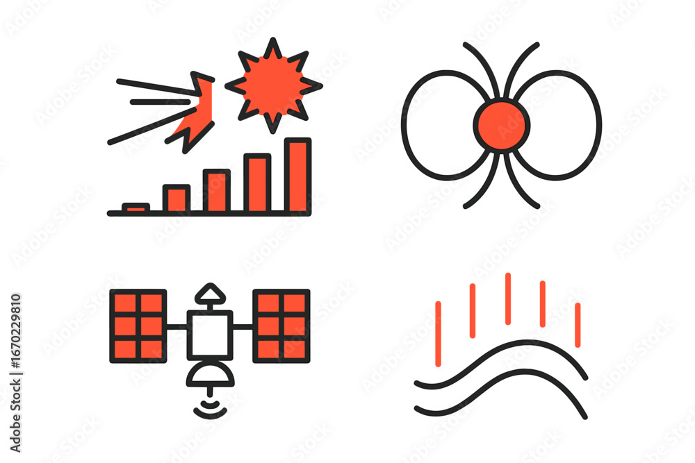 Poster vector outline icon set featuring data visualization, scientific concepts, and technology symbols fo