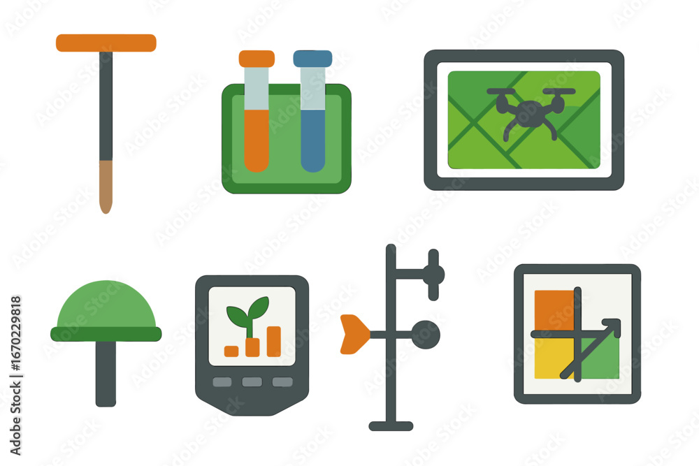 Poster vector outline icon set showcasing tools and technology for science, nature, and data analysis in va