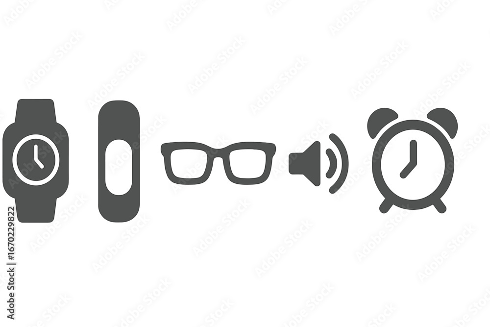 Poster collection of vector outline icons representing time-related items and accessories for design purpos