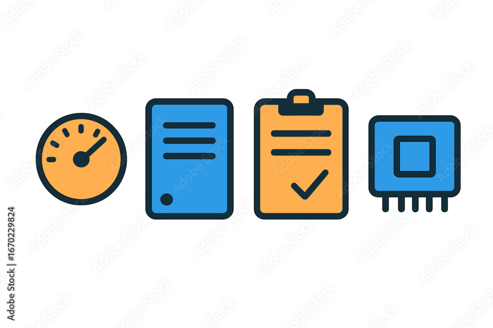 Poster vector outline icon set showcasing gauges, document files, checklists, and computer chips representi