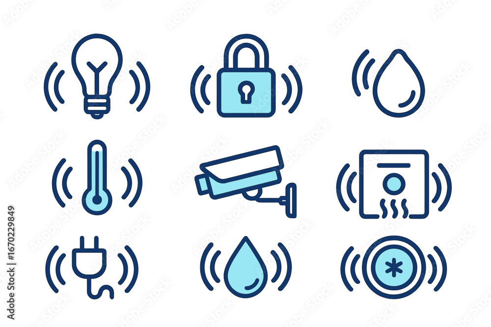 Poster vector outline icon set showcasing smart home devices with various functions including lighting, sec