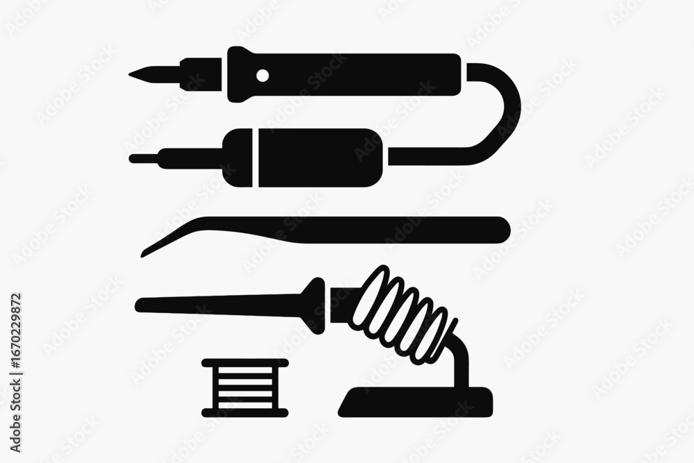 Poster vector outline icon set featuring essential soldering tools for electronics repair and hobby project