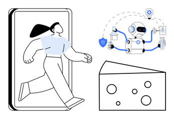 Woman emerging from tablet signifies digital interaction robot assistant multitasks with tech tools triangular cheese slice adds a playful twist. Ideal for technology, AI, multitasking, innovation