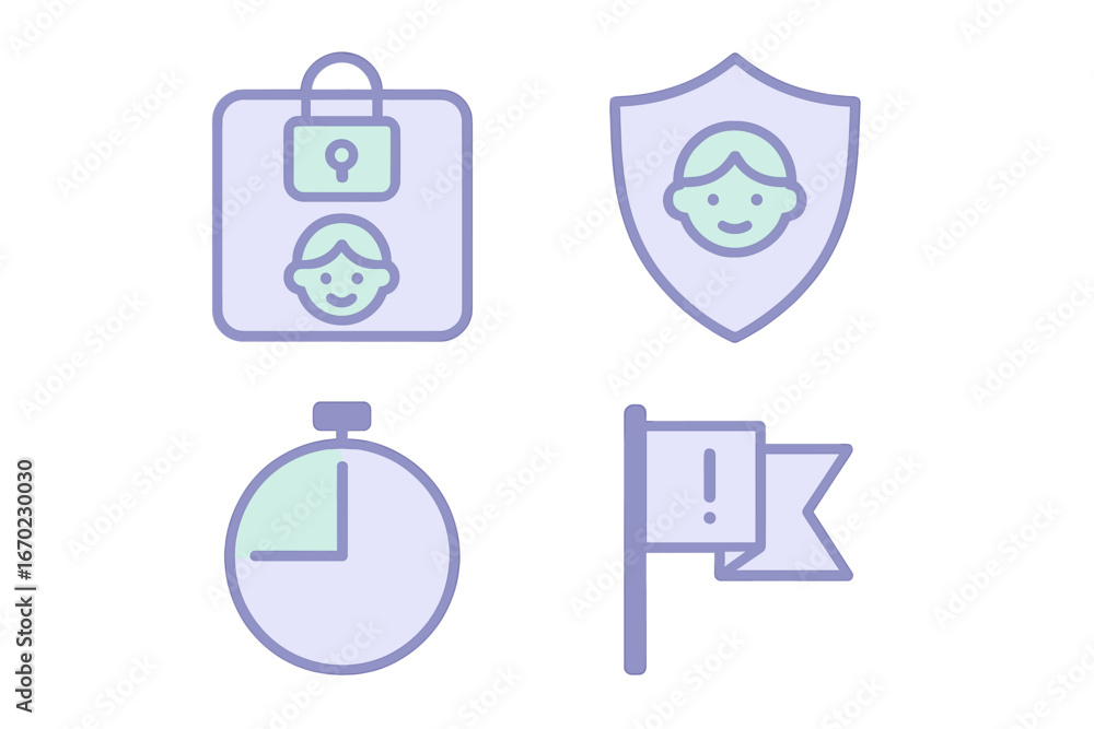 Poster vector outline icon set featuring security, time management, and identification symbols for various 