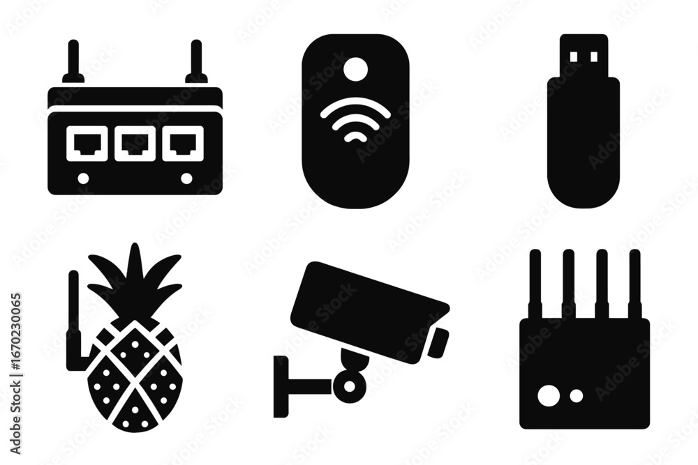 Poster vector outline icon set featuring technology and security symbols for digital communication and surv