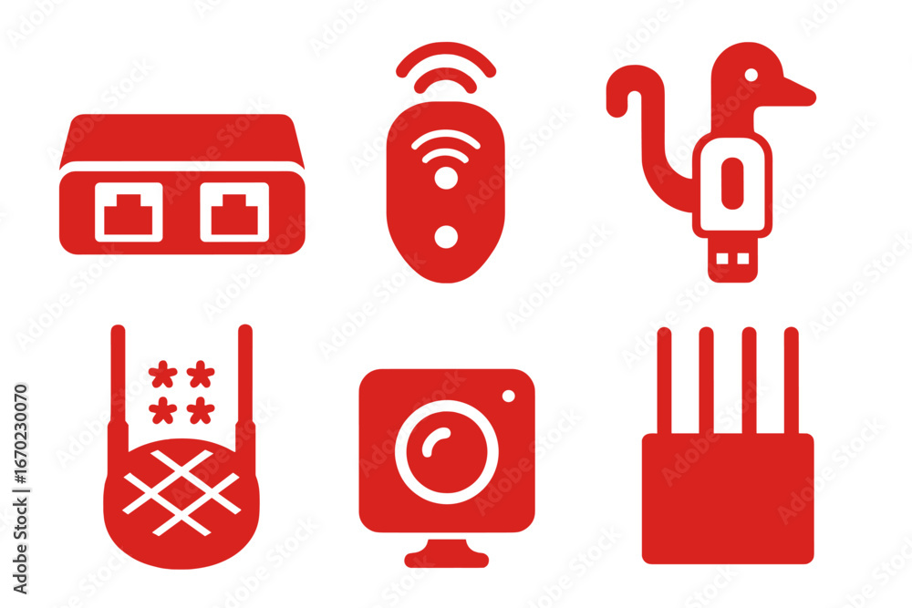 Poster vector outline icon set featuring various technology and utility symbols for modern design projects