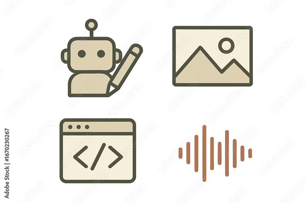 Poster vector outline icon set featuring a robot, image, code editor, and sound wave symbols
