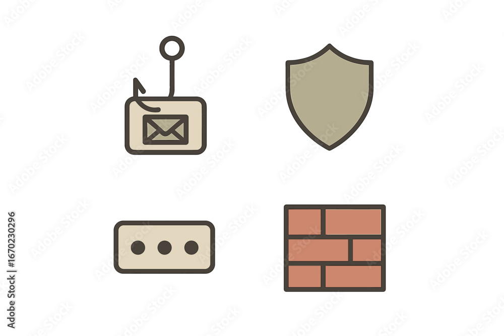 Poster vector outline icon set depicting cybersecurity elements and digital protection themes for use in va