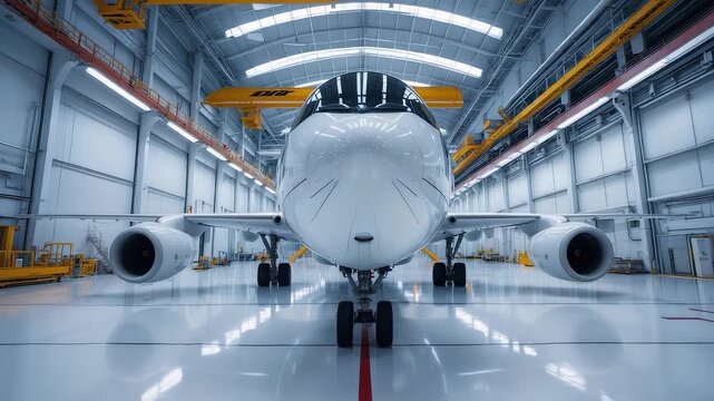 Large passenger airplane inside spacious maintenance hangar with bright lighting and industrial cranes, aviation engineering and aerospace industry