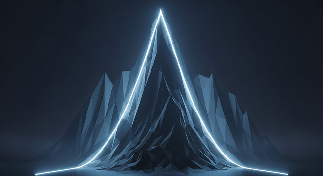 Futuristic glowing neon triangle over dark abstract geometric low poly landscape.