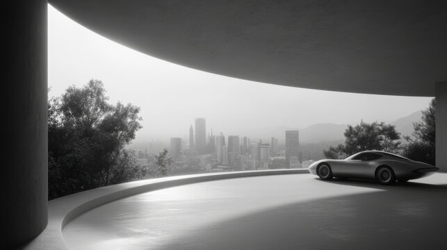 Futuristic car in minimalist concrete structure overlooking modern cityscape