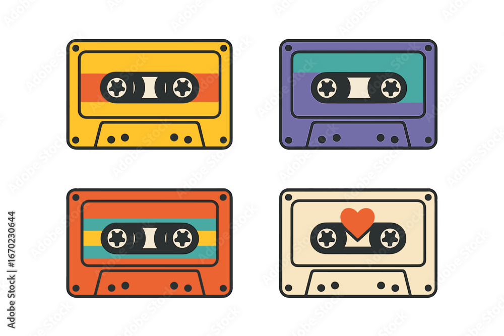Poster colorful vector outline icon set featuring retro cassette tapes in various styles and colors suitabl