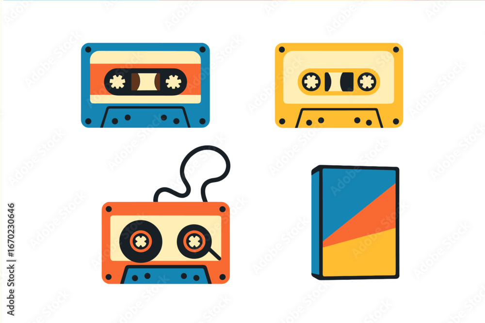 Poster vector outline icon set featuring colorful cassette tapes and a vhs tape in a modern design style fo