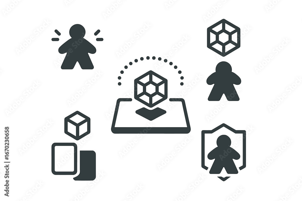 Poster vector outline icon set representing various gaming elements such as characters, blocks, and tokens 