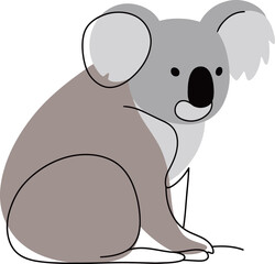 Minimalist continuous one line art of a koala bear with a black nose and shades of gray and brown on its body.
