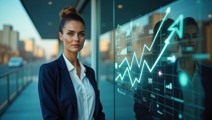 Mujer de negocios rodeada de flechas brillantes en un tono azul y verde vibrante, y gráficos futuristas con líneas atrevidas