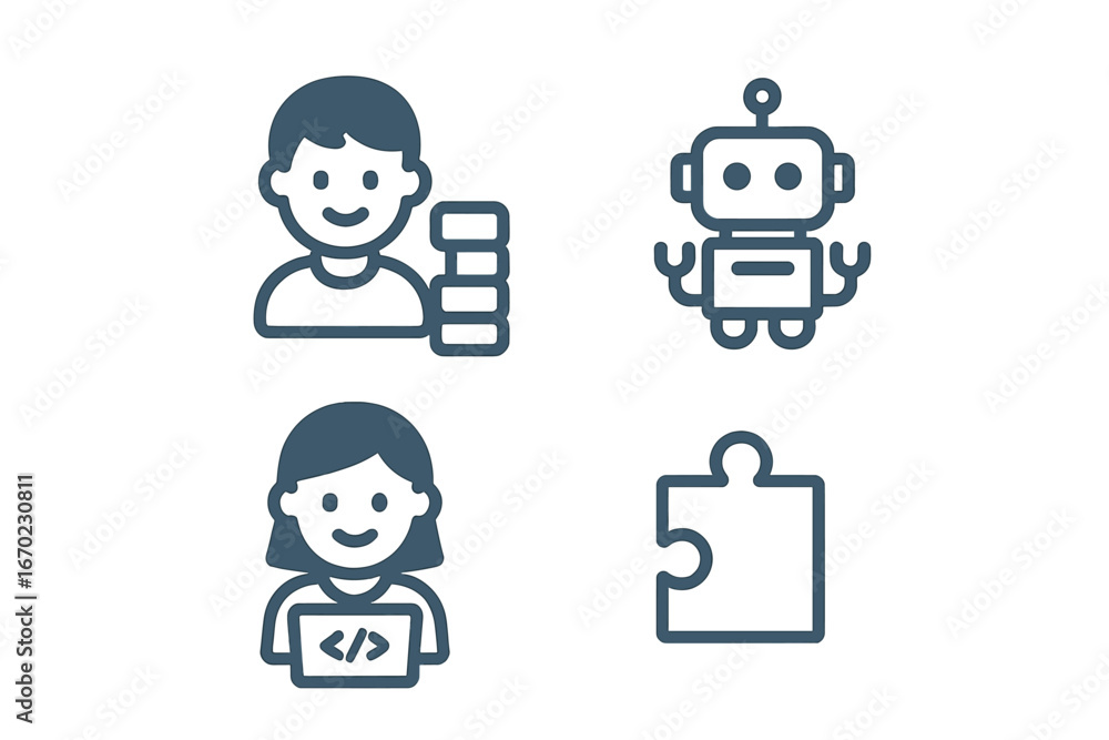Poster vector outline icon set featuring people with technology and creativity elements for modern design u