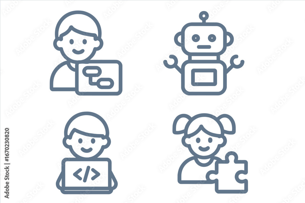 Poster vector outline icon set featuring children interacting with technology and robotics in a playful edu