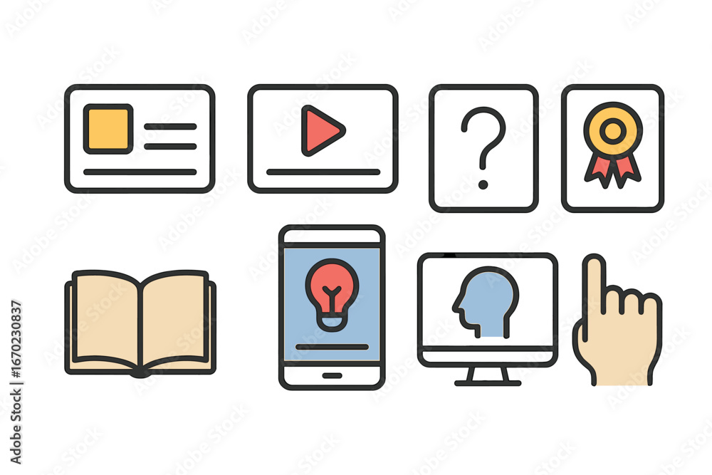 Poster Vector outline icon set representing various educational and multimedia elements for digital learning environments