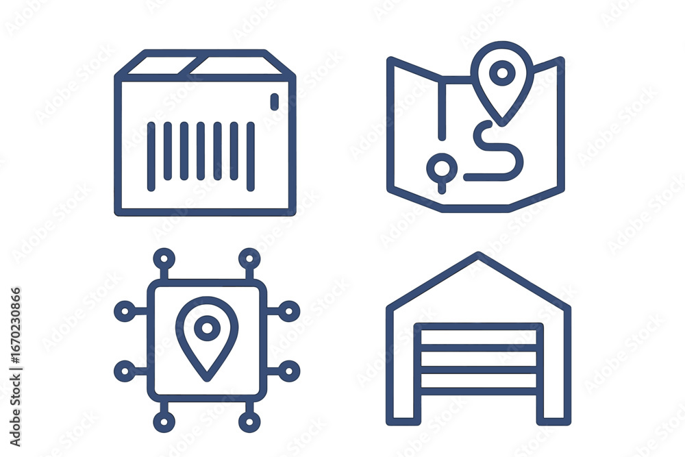 Poster vector outline icon set featuring package, map with location pin, circuit board, and storage garage 