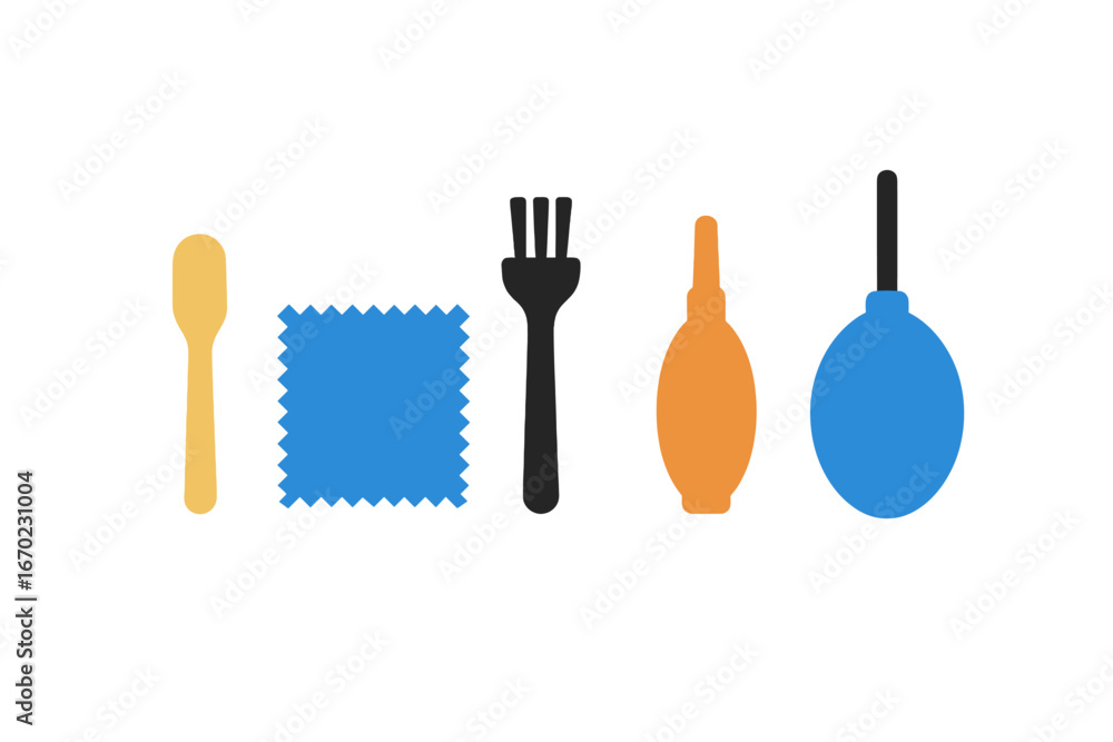Poster vector outline icon set displaying various utensils and tools for kitchen and cleaning tasks designe