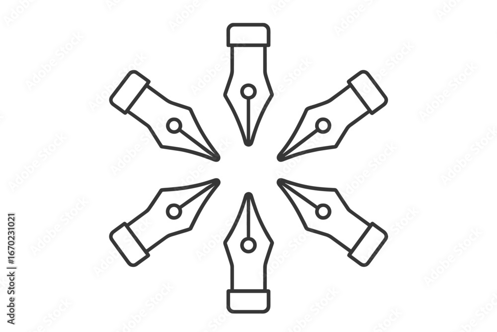Aufkleber vector outline icon set featuring six fountain pen nibs arranged in a circular pattern suitable for 