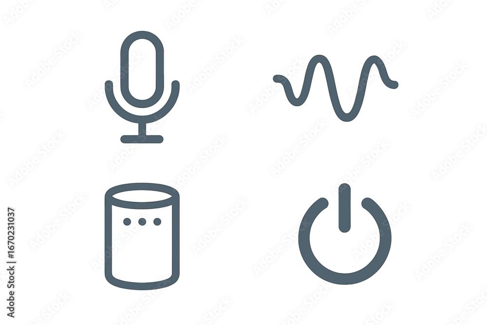 Poster vector outline icon set featuring microphone, sound wave, speaker, and power button for digital comm