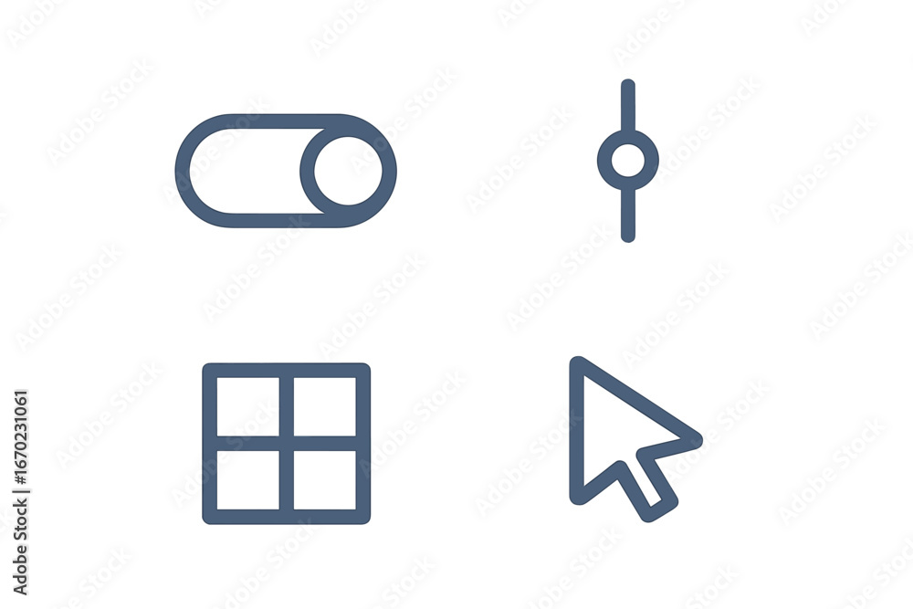 Poster vector outline icon set featuring toggle switch, slider, grid layout, and cursor in a minimalist des