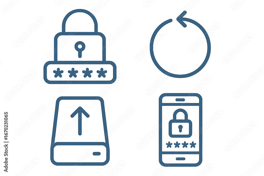 Poster vector outline icon set representing security features, including locks, arrows, and mobile device s