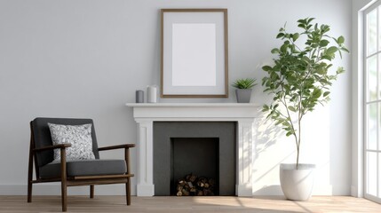 Modern living room with fireplace armchair and plant Empty frame on mantel
