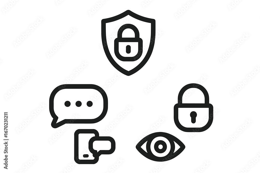 Poster vector outline icon set showcasing security symbols and communication elements for modern digital ap