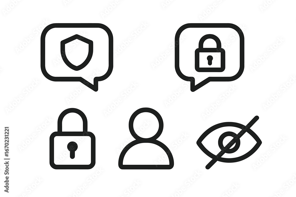 Poster vector outline icon set showcasing cybersecurity concepts for digital safety and user privacy in a m