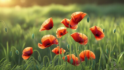 blooming scarlet poppies in a meadow, delicate red petals