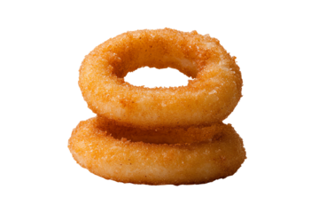 Two delicious golden onion rings stacked with a crispy outer layer and soft interior, perfect for snacking.