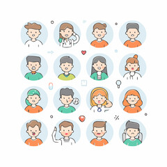 Fototapeta premium Outline vector icon set of human sickness expressions: headache, toothache, stomachache, and fever. Clean minimal stroke design for medical projects. 