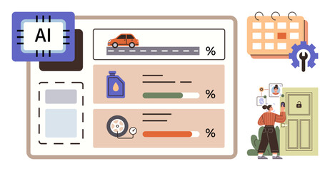 AI chip processes vehicle data, fuel level, and tire condition. User checks tasks on calendar and door. Ideal for vehicle monitoring, AI, automation, productivity, analytics planning simple flat