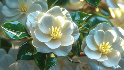 Fototapeta premium blooming white camellias, glossy green leaves