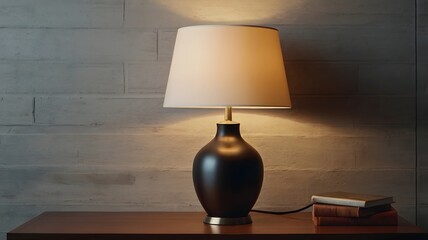 Black Ceramic Table Lamp with Warm Light on Wooden Surface in Modern Interior