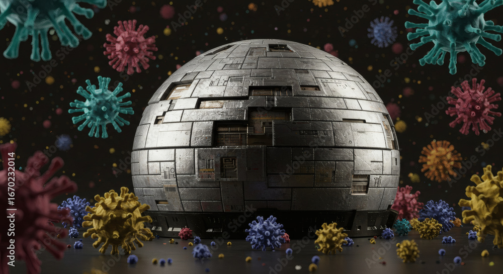 Poster metallic sphere under viral attack a 3d rendering of a futuristic defense system against viruses